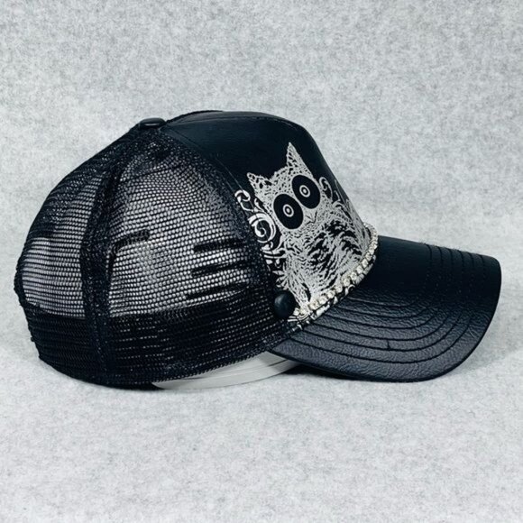 Hooters Hat Women’s Black Vegan‎ Leather Rhinestones Owl Snap Back OSFM Vtg main image 12